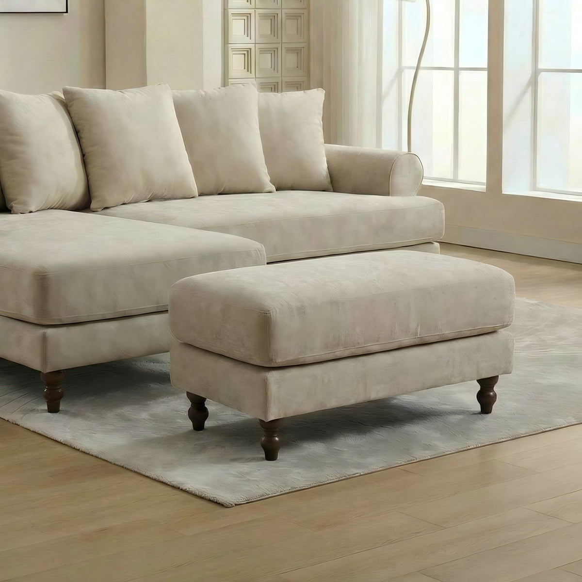 Modern Minimalist Wood Frame, Beige Fabric - ELAITH FOOTSTOOL
