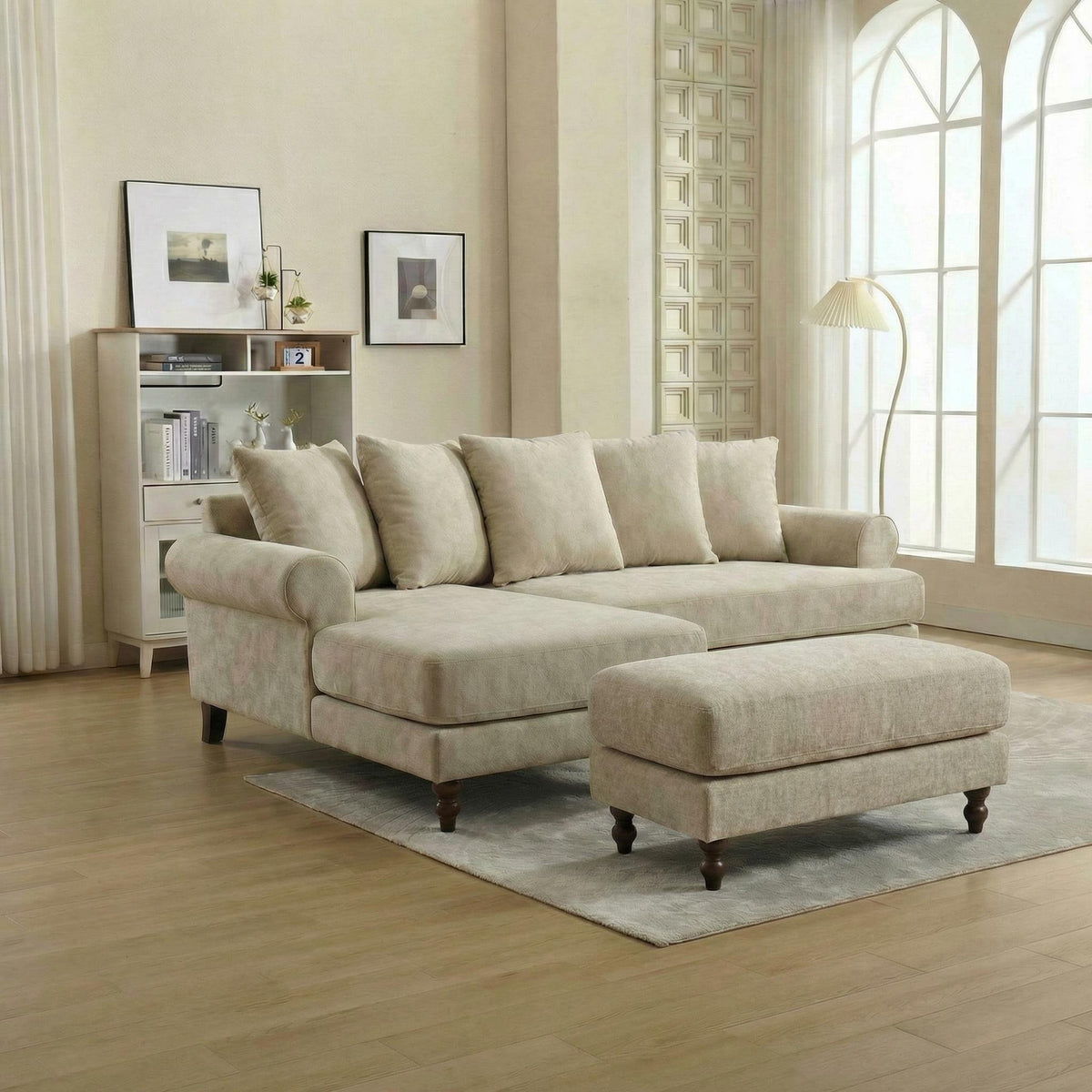 Modern Minimalist Wood Frame, Beige Fabric - ELAITH FOOTSTOOL