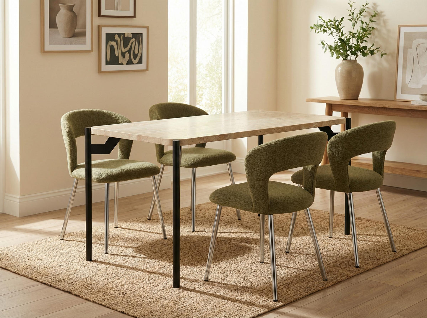 Travertine Effect Dining Table with MDF Top and Black Metal Legs - GROBNAR