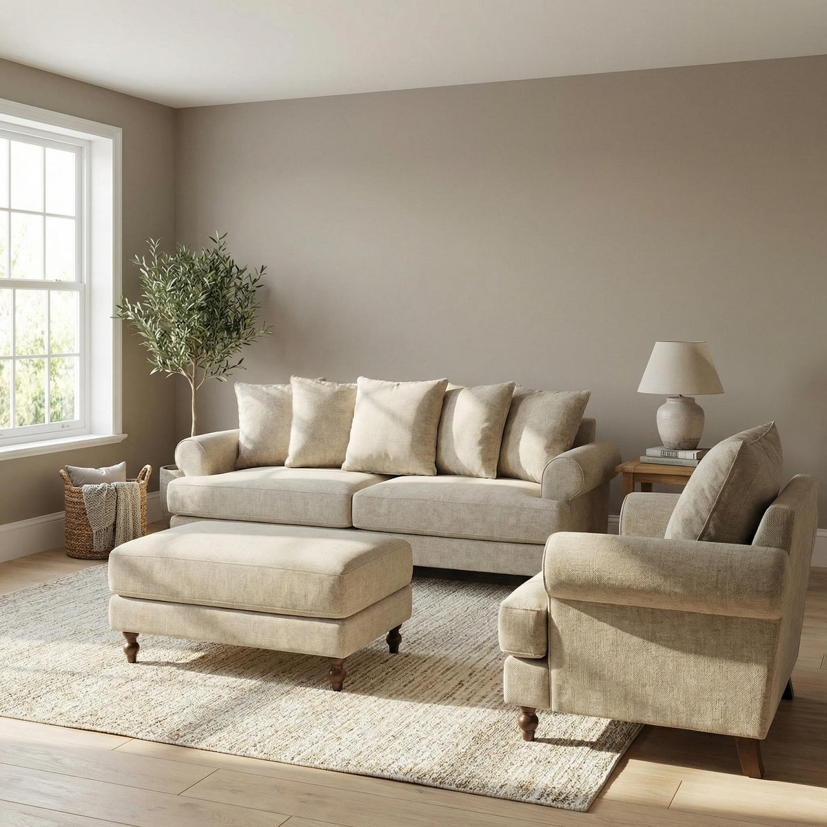 Modern Minimalist Wood Frame, Beige Fabric - ELAITH FOOTSTOOL