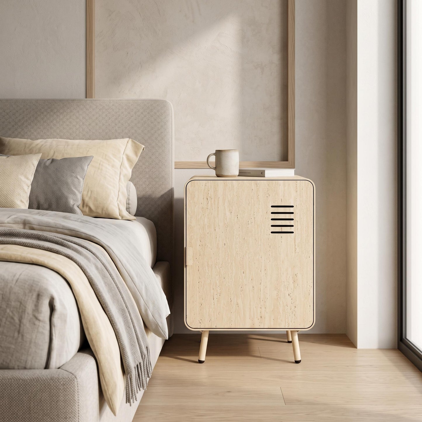 WALNUT NIGHT STAND YELLOW TRAVERTINE