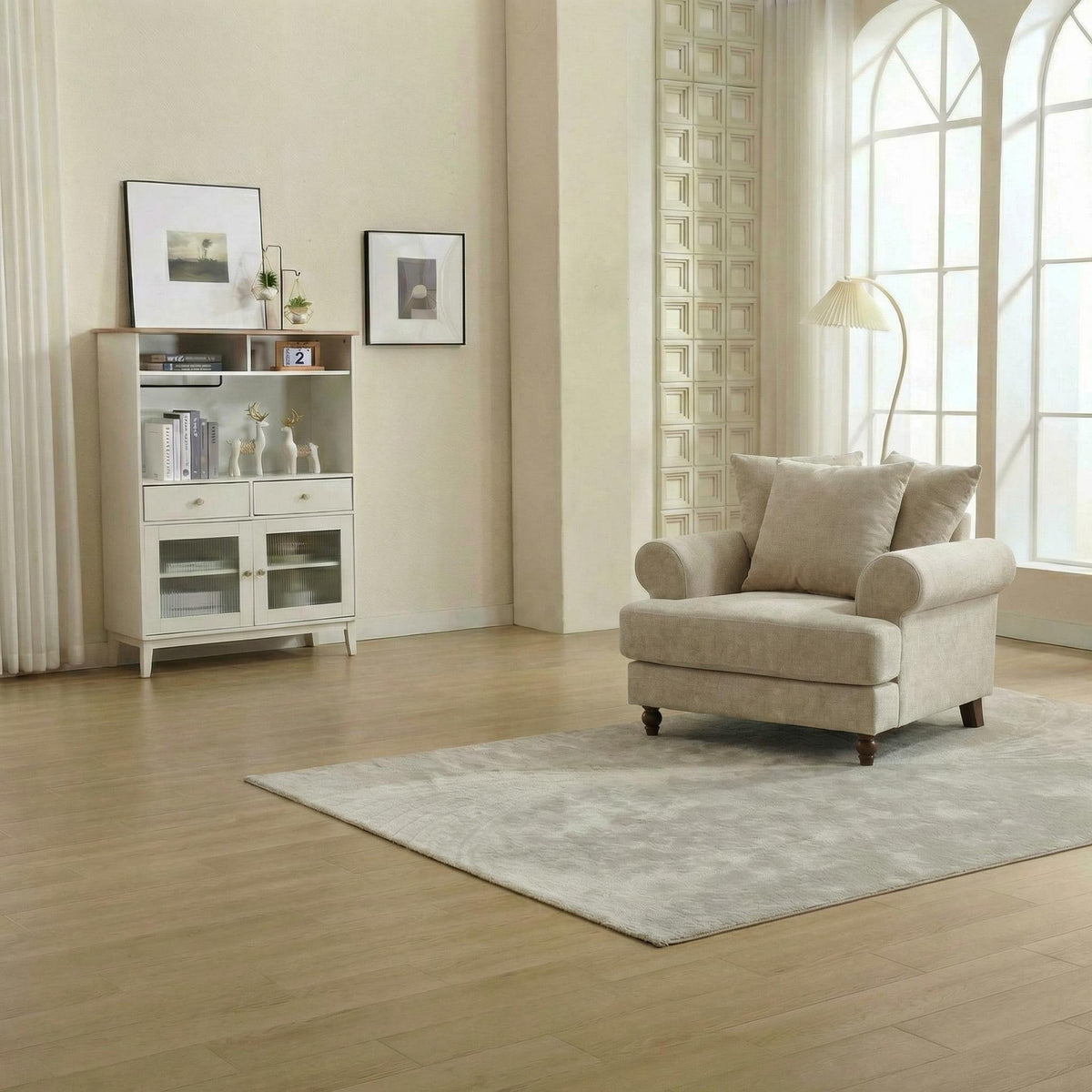 Modern Beige Fabric, Wooden Frame Accent - ELAITH Armchair