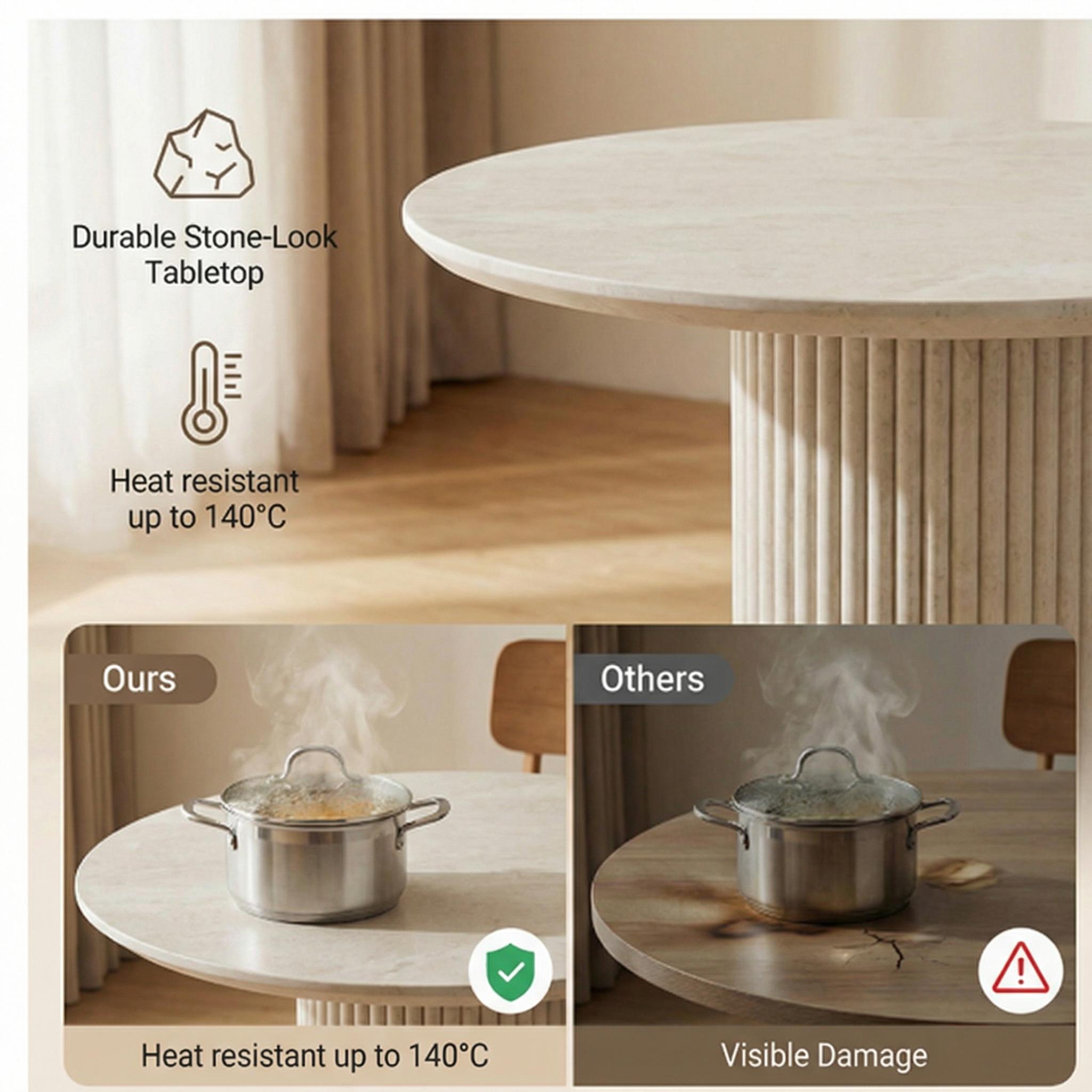 Round Dining Table with Yellow Travertine Effect Melamine Finish and Fluted Pedestal Base - ROWAN