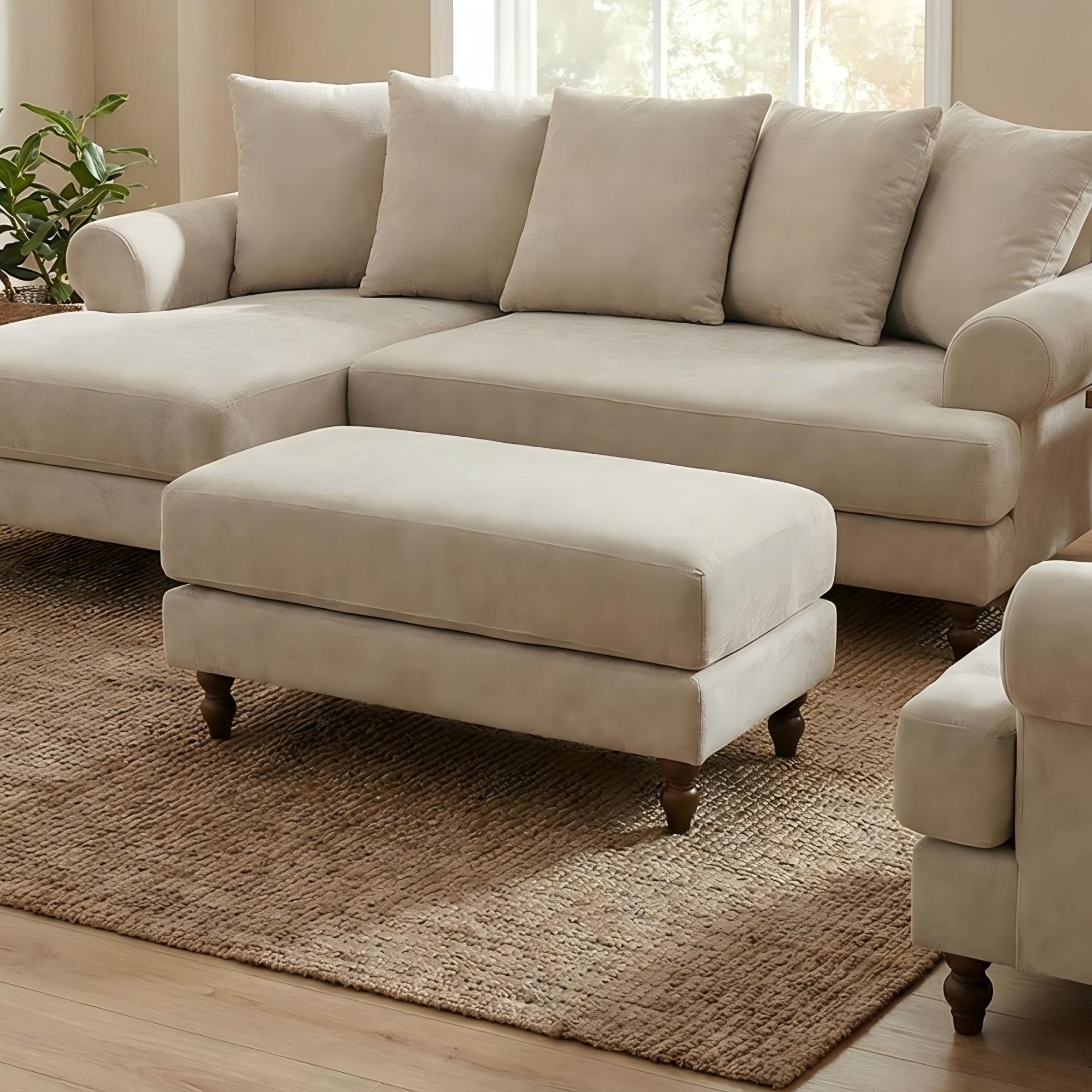 Modern Minimalist Wood Frame, Beige Fabric - ELAITH FOOTSTOOL