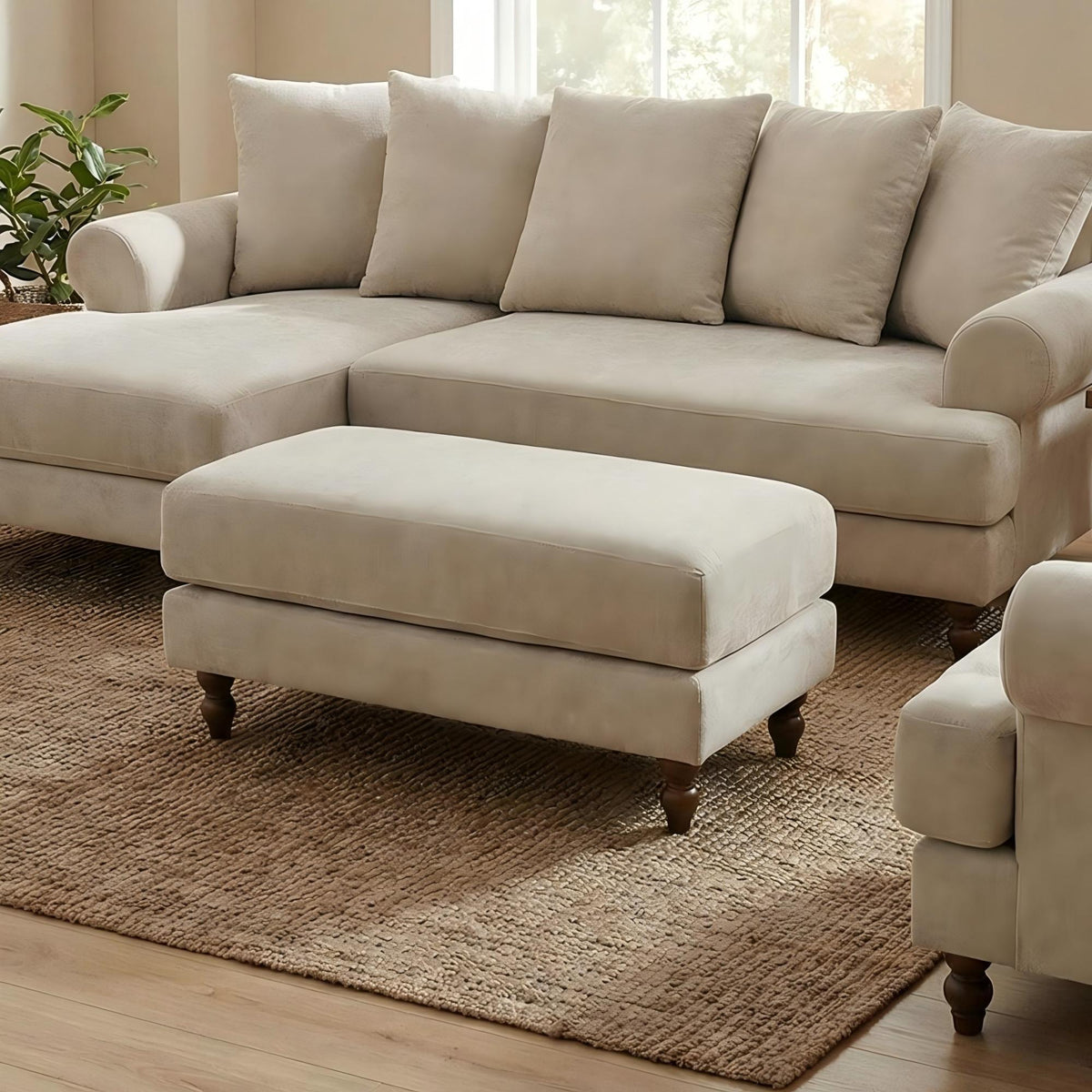 Modern Minimalist Wood Frame, Beige Fabric - ELAITH FOOTSTOOL