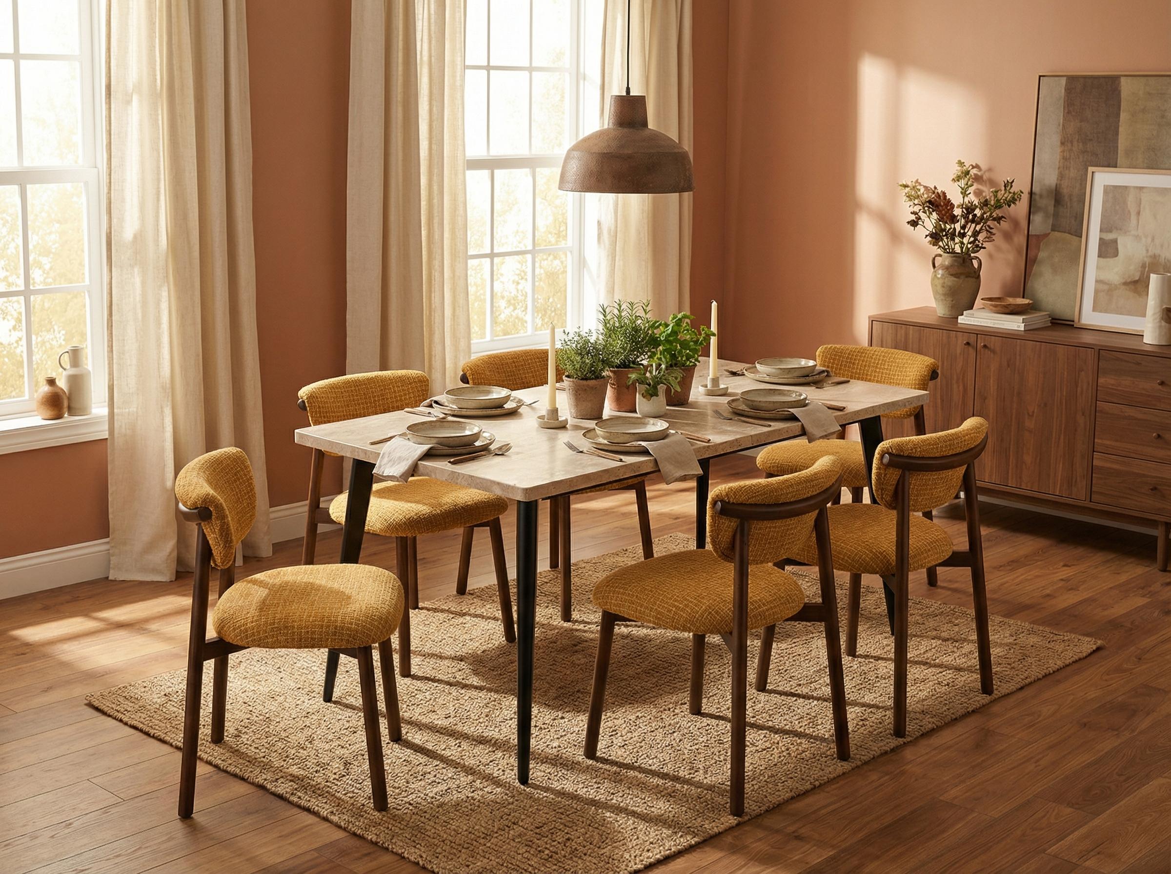 Modern Minimalist Yellow Travertine Effect Finish Dining Table - SERAPH TRAVERTINE