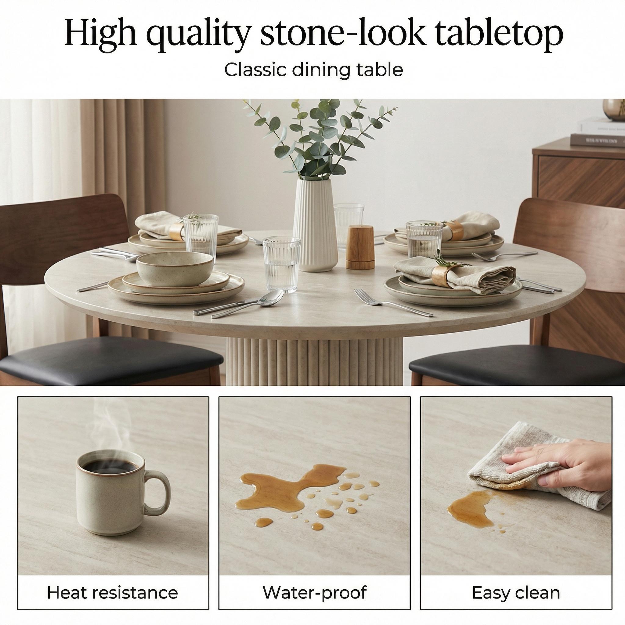 Round Dining Table with Yellow Travertine Effect Melamine Finish and Fluted Pedestal Base - ROWAN