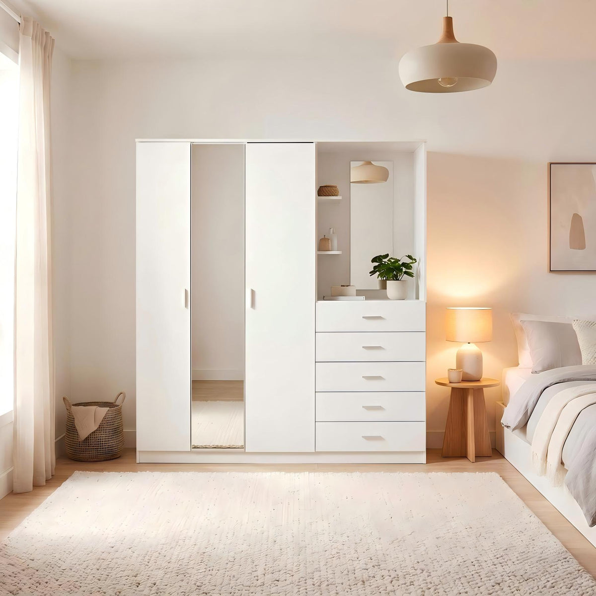 Modern High Gloss Wardrobe, Melamine Finish - CARLETON HIGH GLOSS MIRROR COMBI UNIT