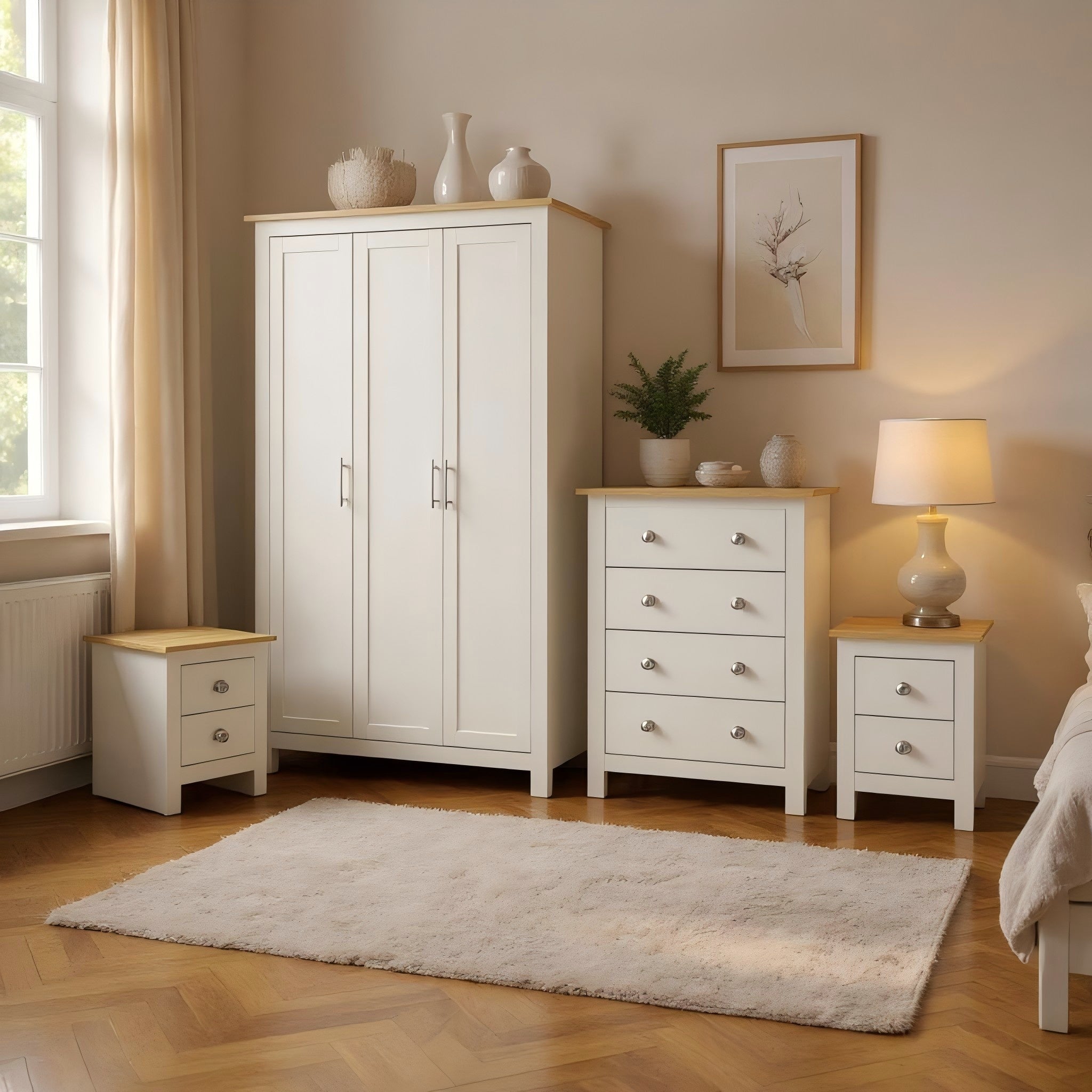 Modern Bedroom Set, Particleboard & MDF, 4-Piece - LANCASTER Beige