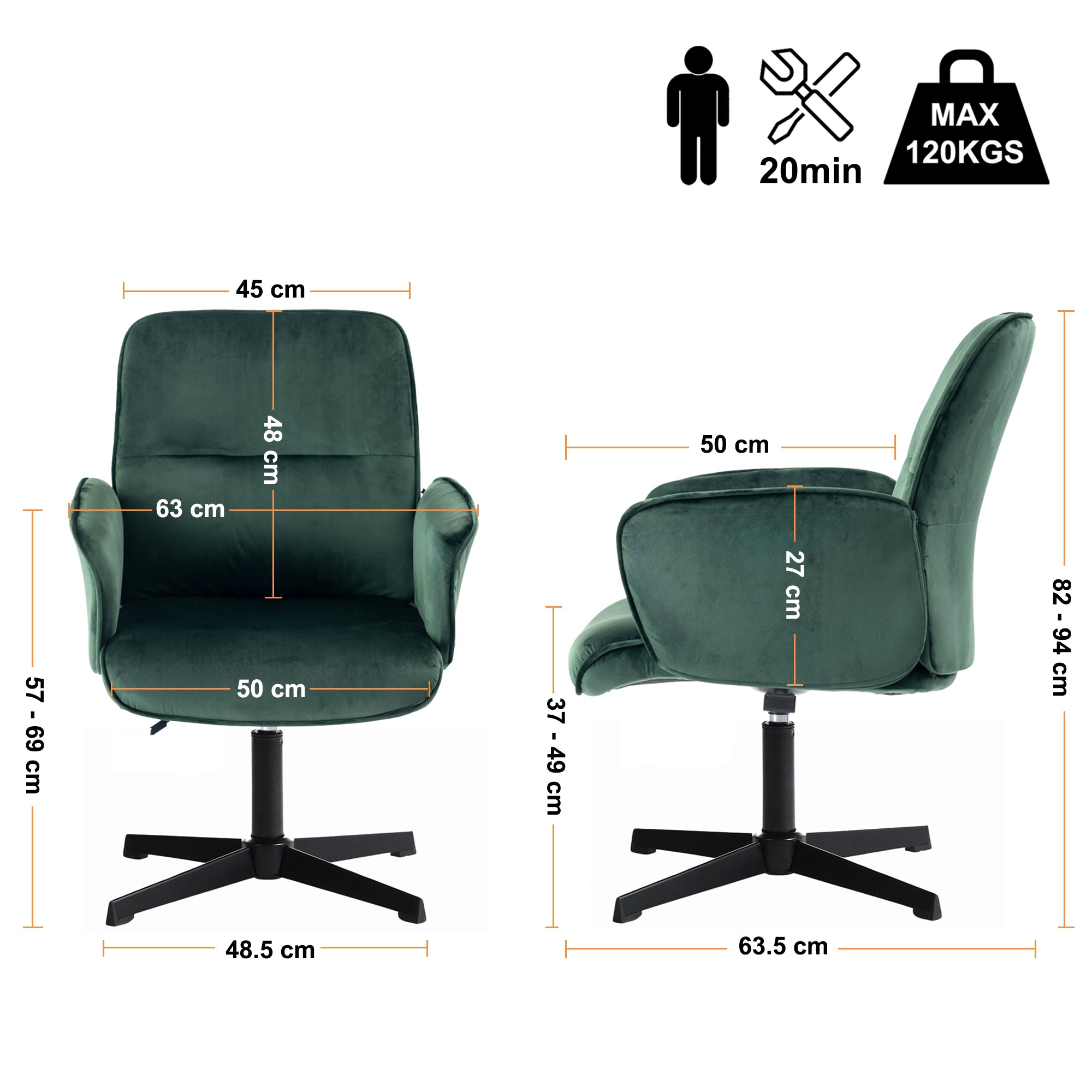 Modern Velvet Office Chair, Adjustable Swivel - THOMASINA RELAX GREEN
