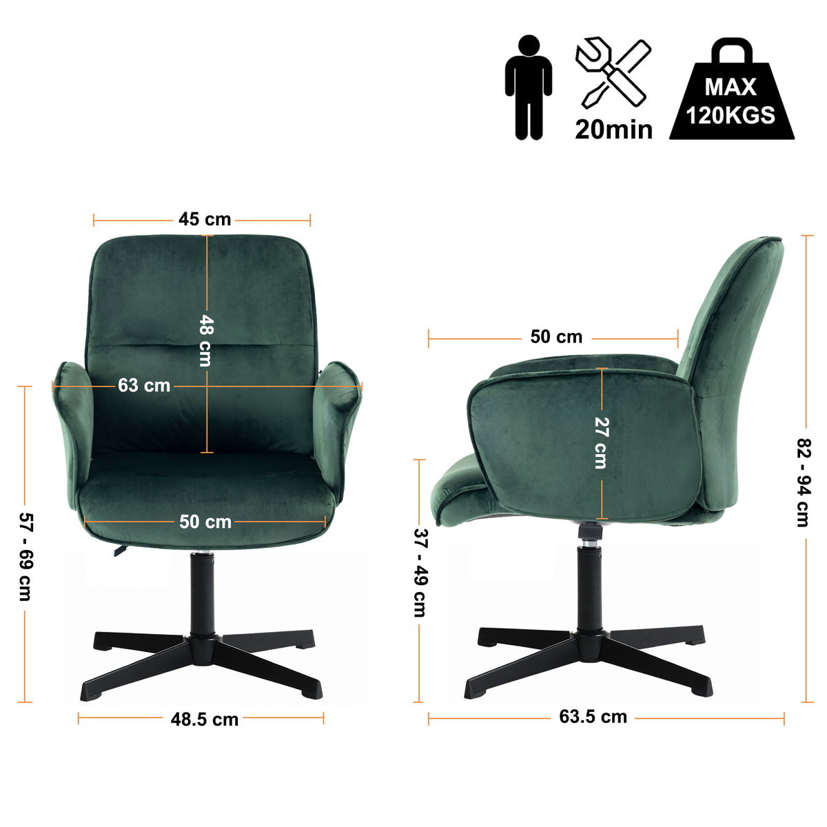 Modern Velvet Office Chair, Adjustable Swivel - THOMASINA RELAX GREEN