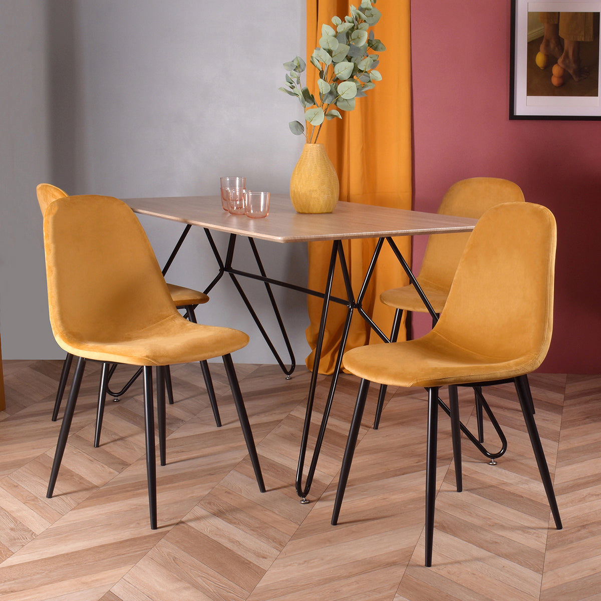Charlton Velvet Yellow Spray Leg Dining Chairs