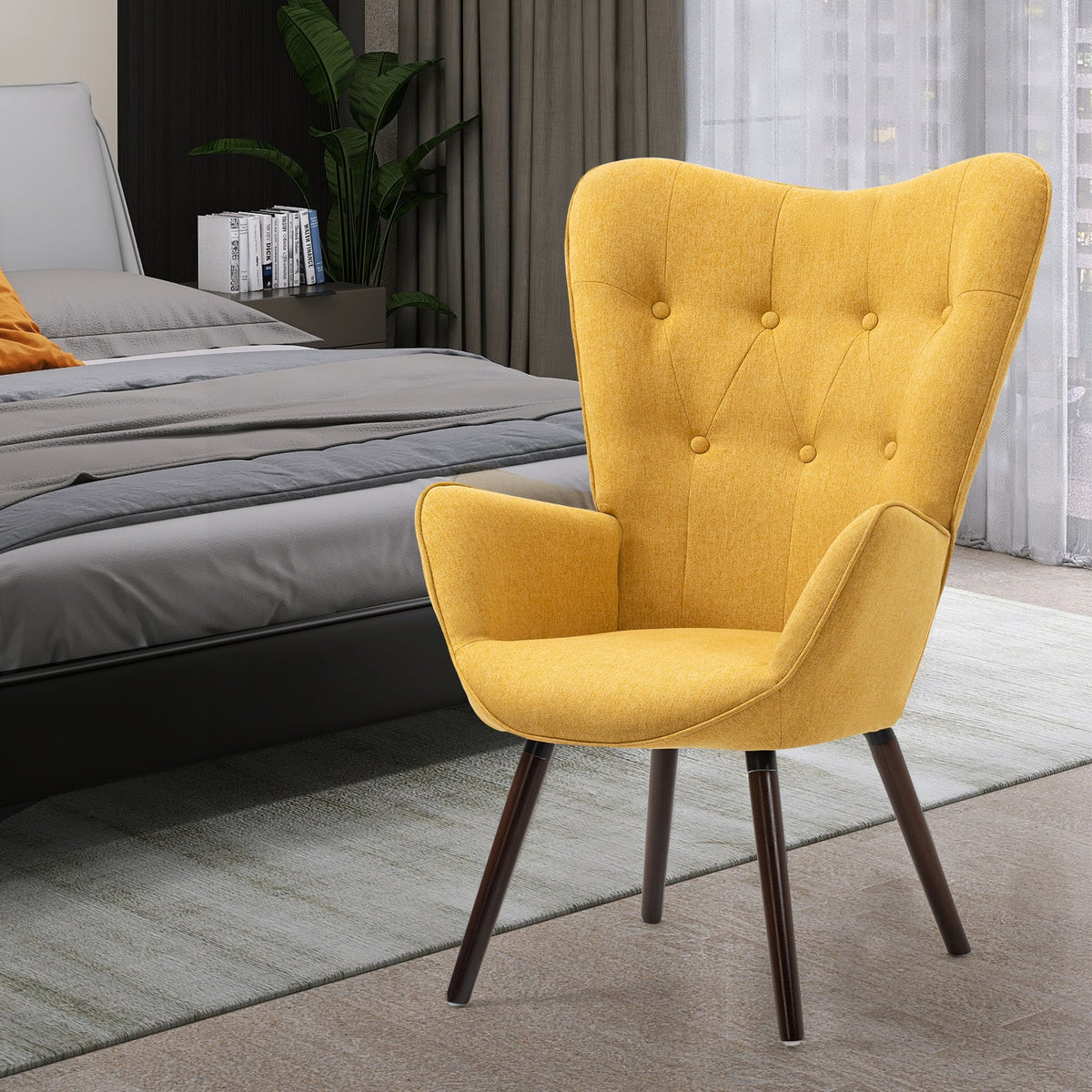 Kas Fabric Yellow Dark Wood Leg Accent Chairs