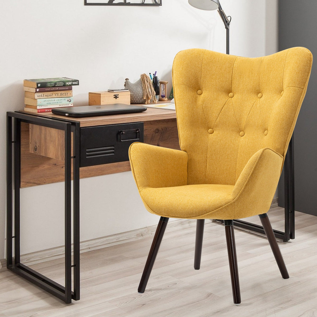 Kas Fabric Yellow Dark Wood Leg Accent Chairs