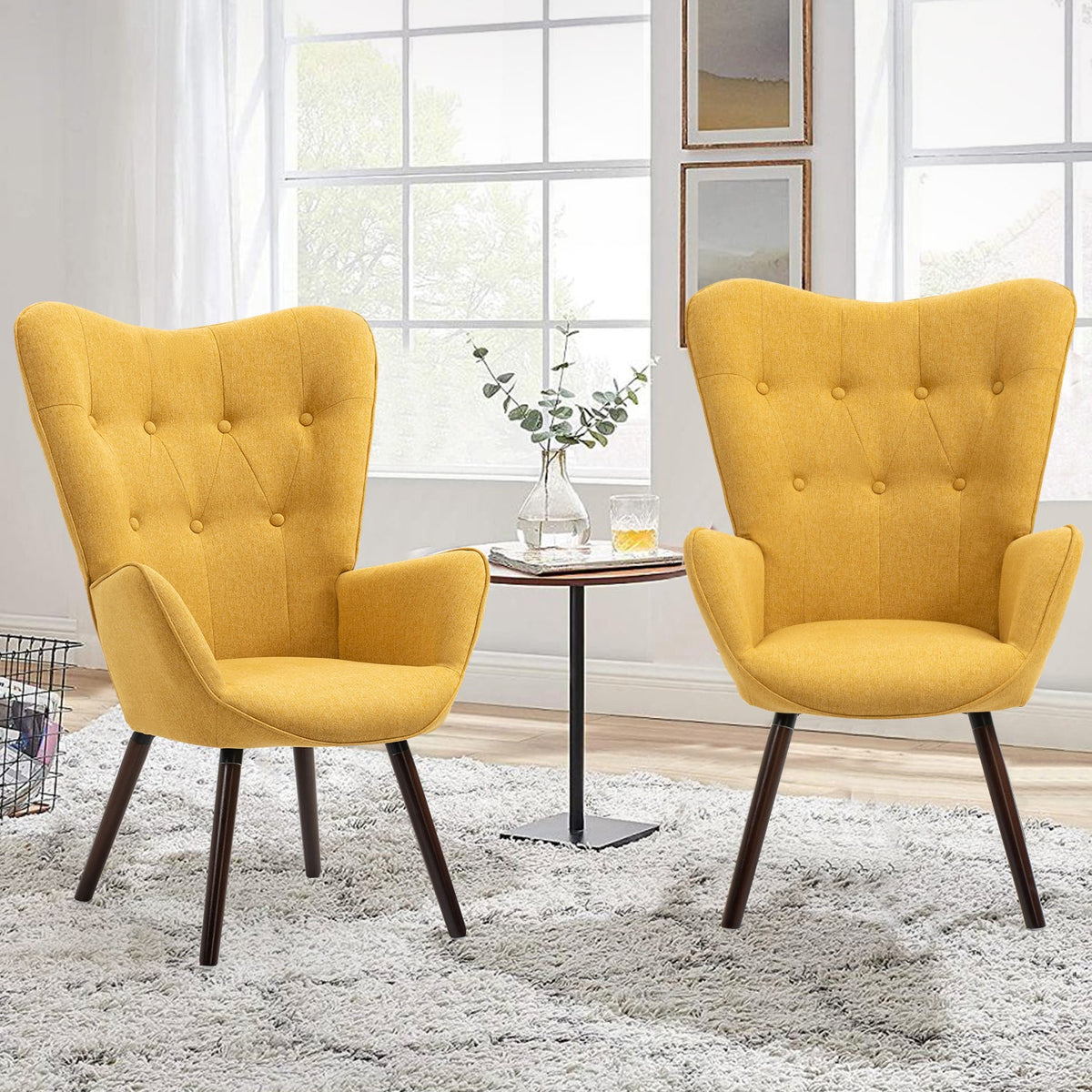 Kas Fabric Yellow Dark Wood Leg Accent Chairs