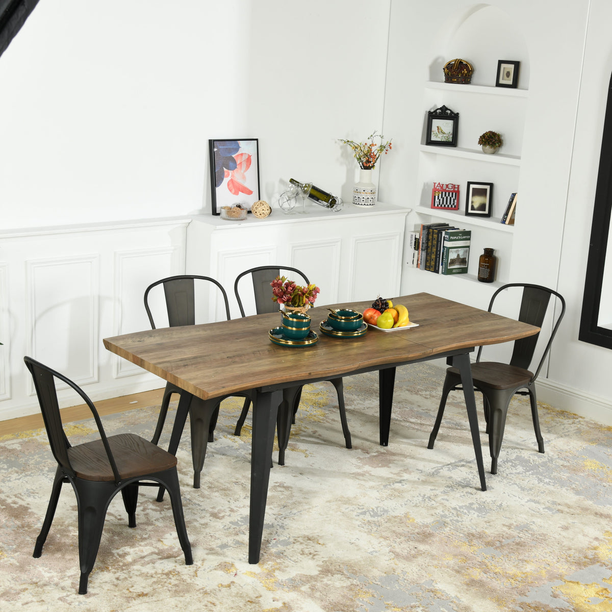 Modern Extendable Dining Table, MDF Wood, Black Metal Legs - TROWA NL