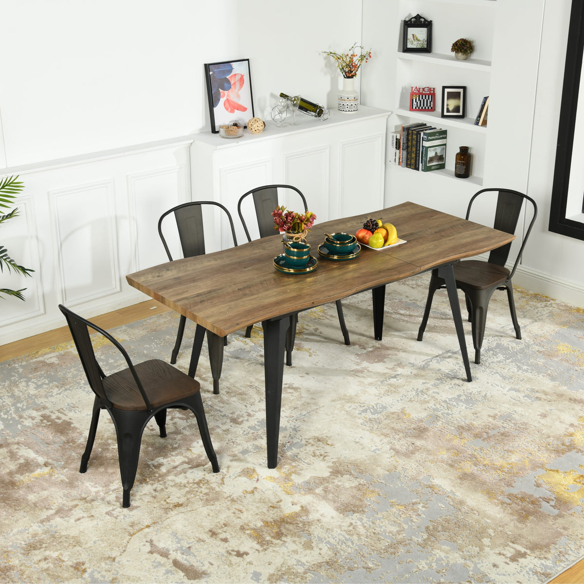 Modern Extendable Dining Table, MDF Wood, Black Metal Legs - TROWA NL