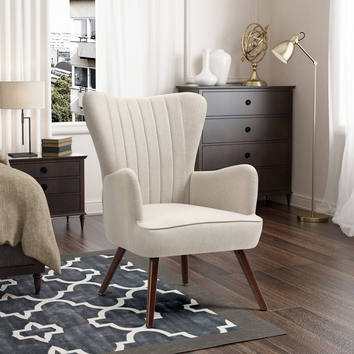 Wing Fabric Beige Dark Wood Leg Accent Chairs