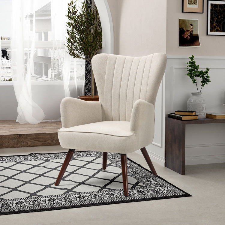 Wing Fabric Beige Dark Wood Leg Accent Chairs